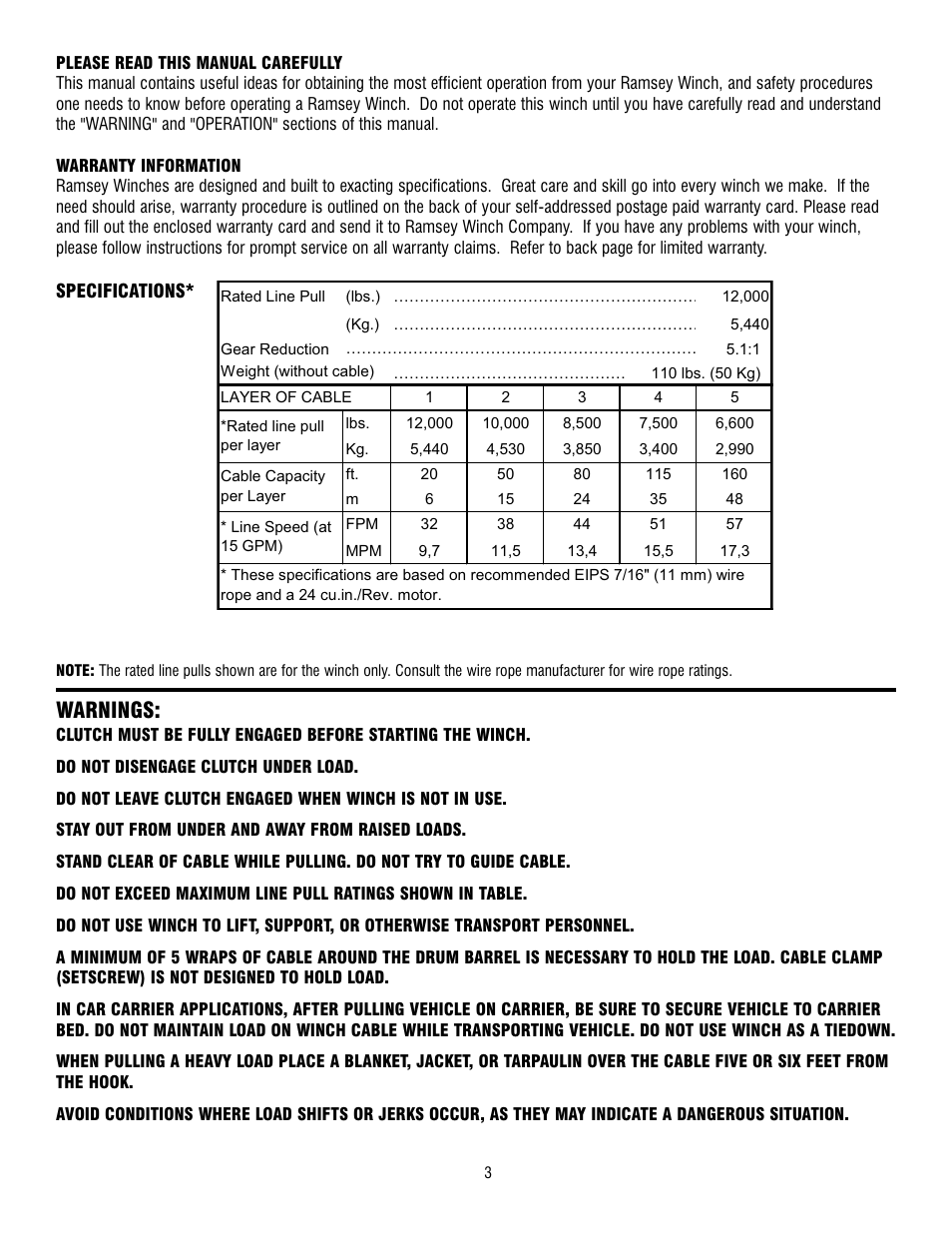 Warnings | Ramsey Winch RPH-12000 User Manual | Page 3 / 72