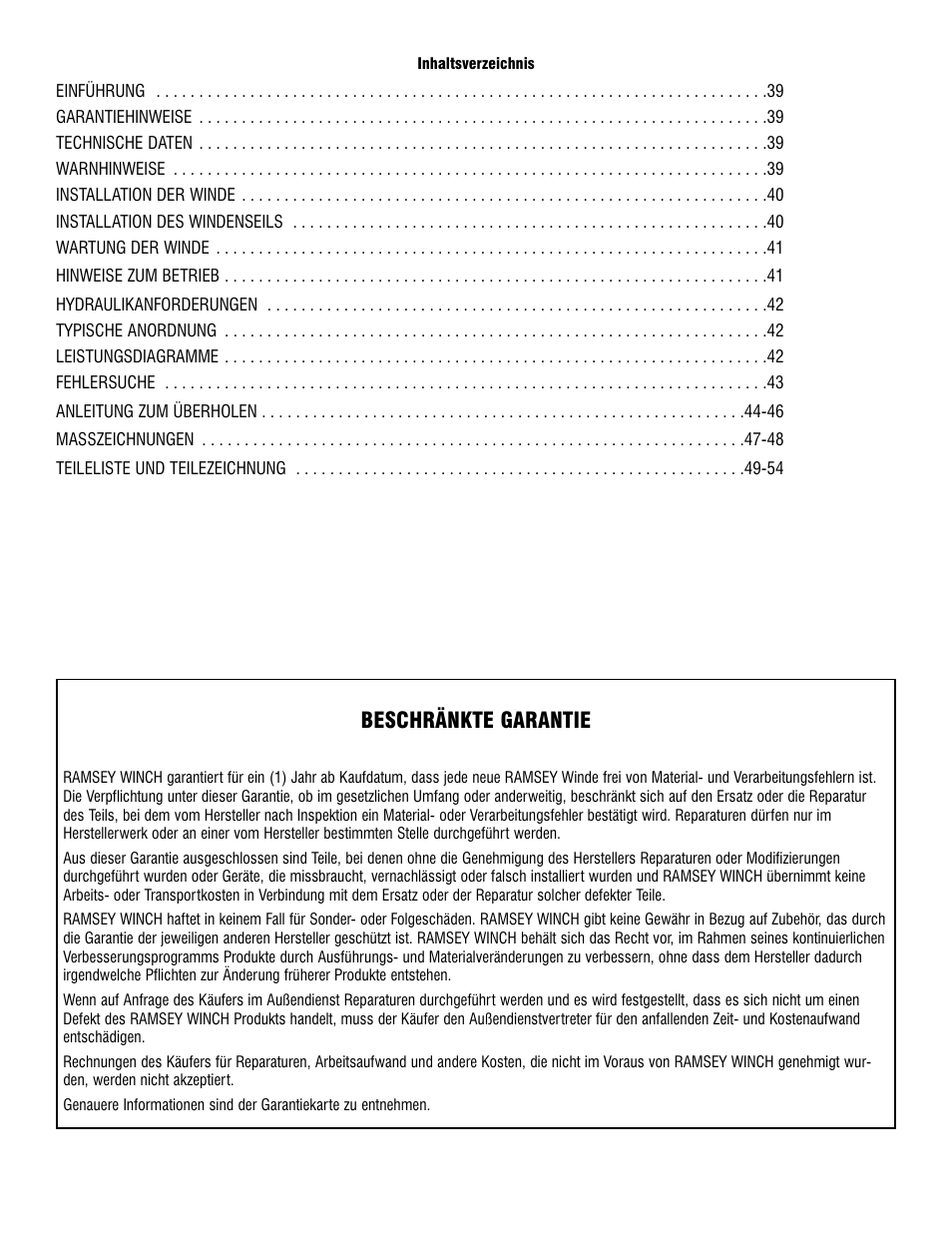 Beschränkte garantie | Ramsey Winch RPH-12000 User Manual | Page 38 / 72