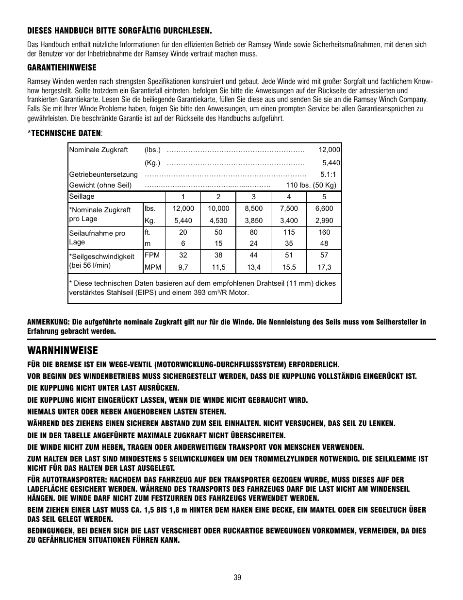 Warnhinweise | Ramsey Winch RPH-12000 User Manual | Page 39 / 72