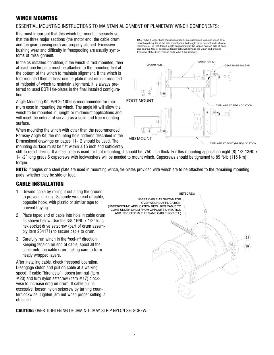 Winch mounting, Cable installation | Ramsey Winch RPH-12000 User Manual | Page 4 / 72