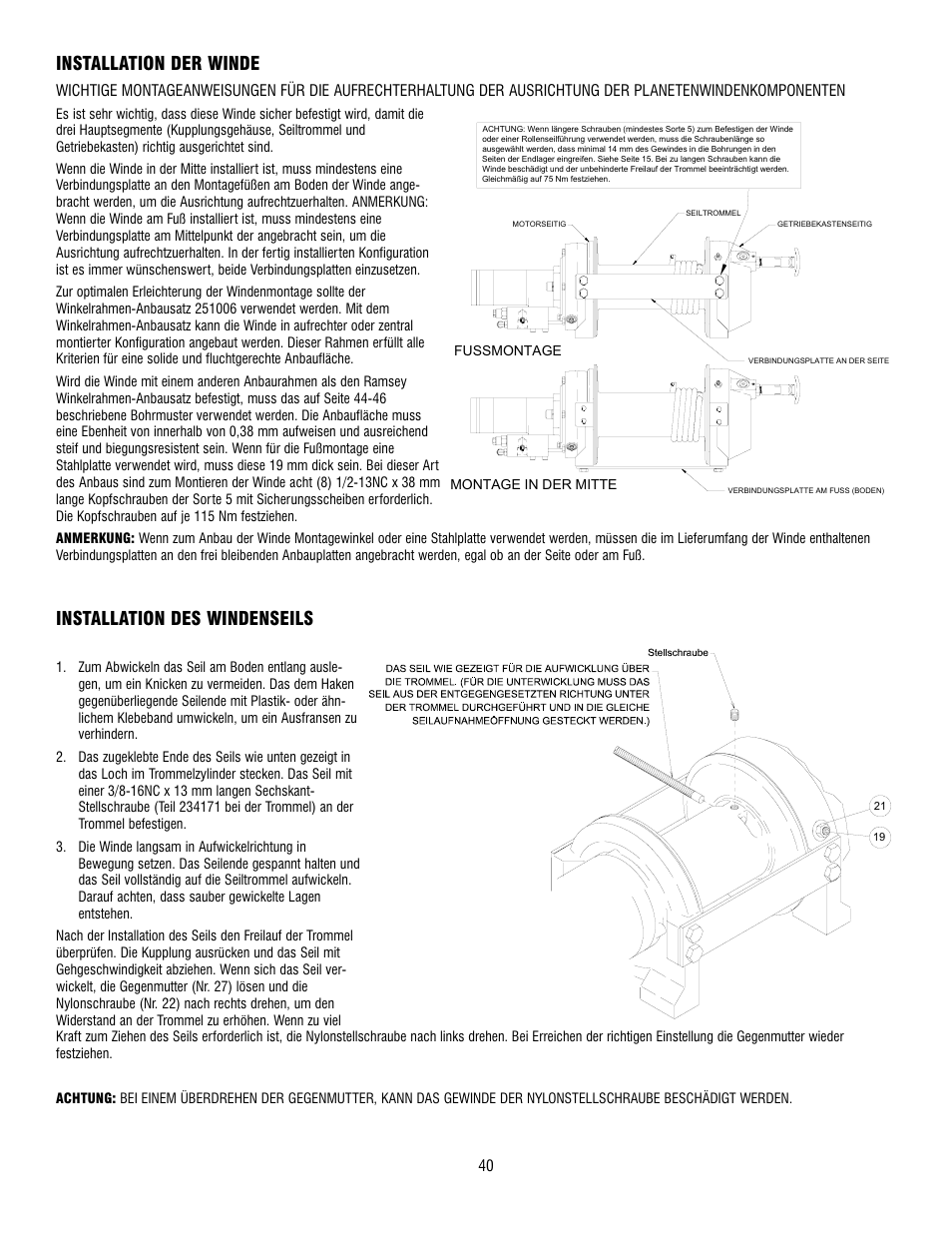 Installation der winde, Installation des windenseils | Ramsey Winch RPH-12000 User Manual | Page 40 / 72