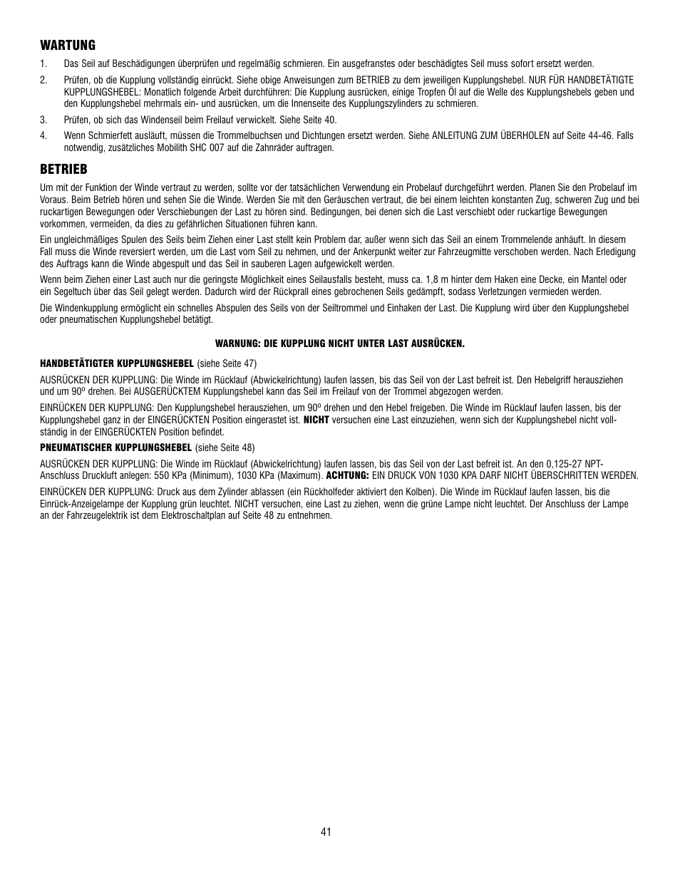Wartung, Betrieb | Ramsey Winch RPH-12000 User Manual | Page 41 / 72