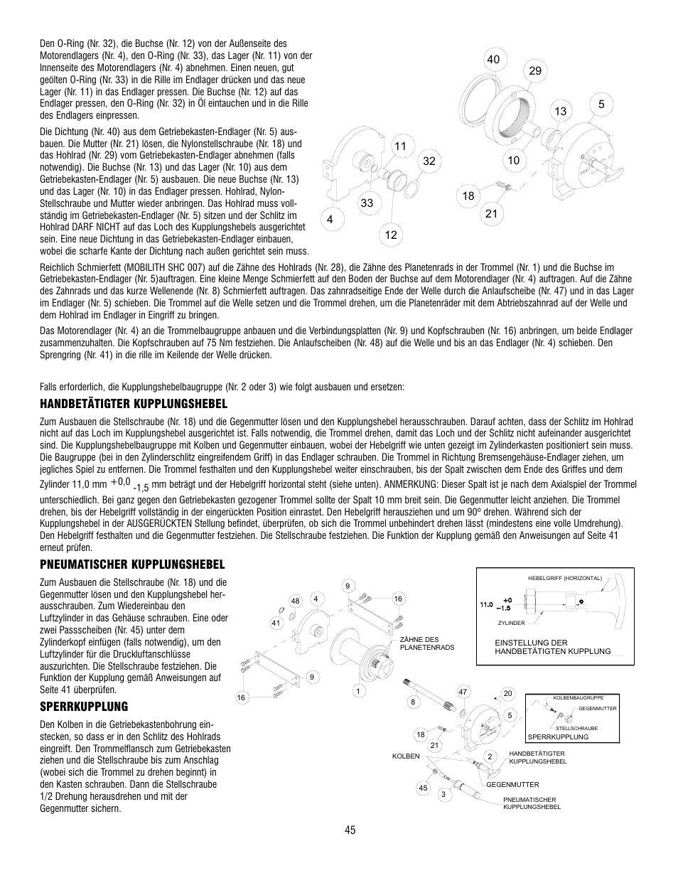 Handbetätigter kupplungshebel, Pneumatischer kupplungshebel, Sperrkupplung | Ramsey Winch RPH-12000 User Manual | Page 45 / 72