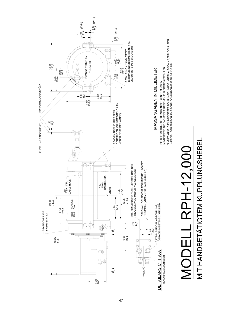 Mit handbetätigtem kupplungshebel, Detailansicht, Massangaben in millimeter | Ramsey Winch RPH-12000 User Manual | Page 47 / 72