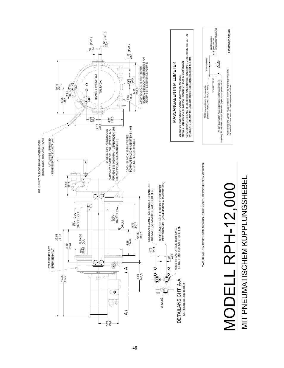 Mit p ne uma t is che m k up p l ungshebel, De t a ila n sicht a- a, Massang aben in m illi m e ter | Ramsey Winch RPH-12000 User Manual | Page 48 / 72