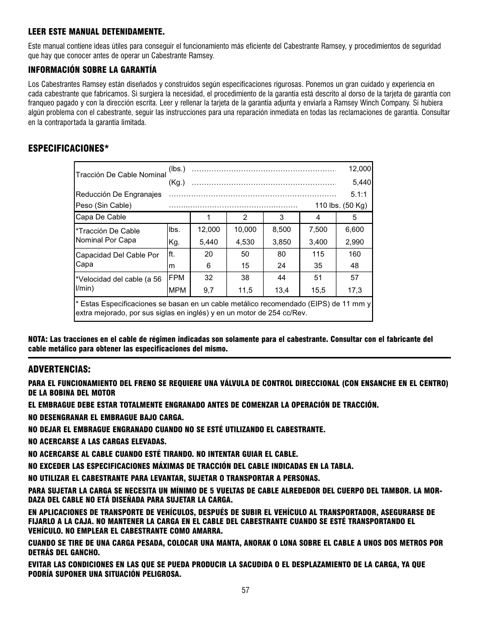 Especificaciones, Advertencias | Ramsey Winch RPH-12000 User Manual | Page 57 / 72