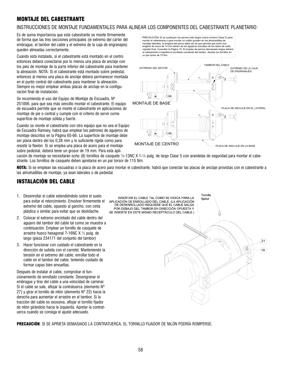 Montaje del cabestrante, Instalación del cable | Ramsey Winch RPH-12000 User Manual | Page 58 / 72