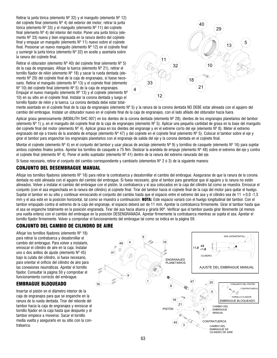 Conjunto del desembrague manual, Conjunto del cambio de cilindro de aire, Embrague bloqueado | Ramsey Winch RPH-12000 User Manual | Page 63 / 72