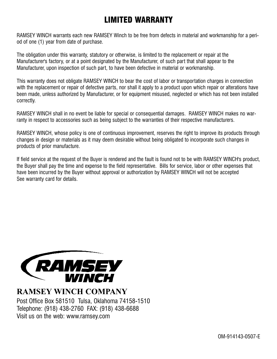 Limited warranty, Ramsey winch company | Ramsey Winch RPH-15000 (CURRENT) User Manual | Page 20 / 20