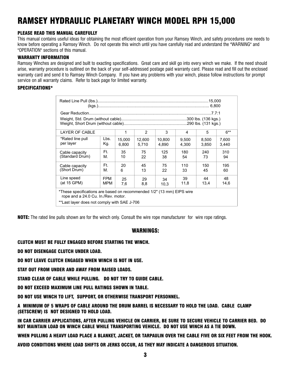 Warnings | Ramsey Winch RPH-15000 (CURRENT) User Manual | Page 3 / 20