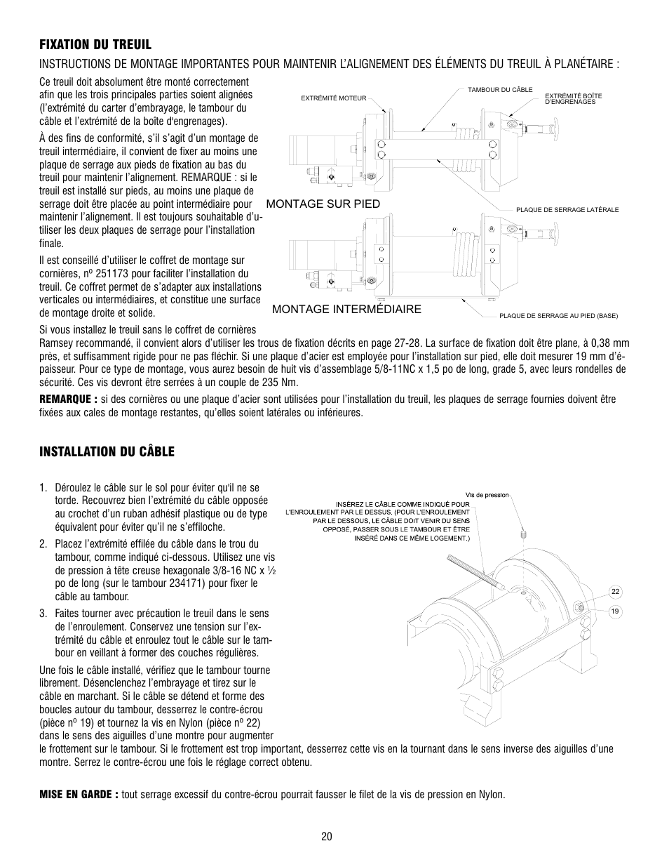 Fixation du treuil, Installation du câble | Ramsey Winch RPH-15000 User Manual | Page 20 / 64