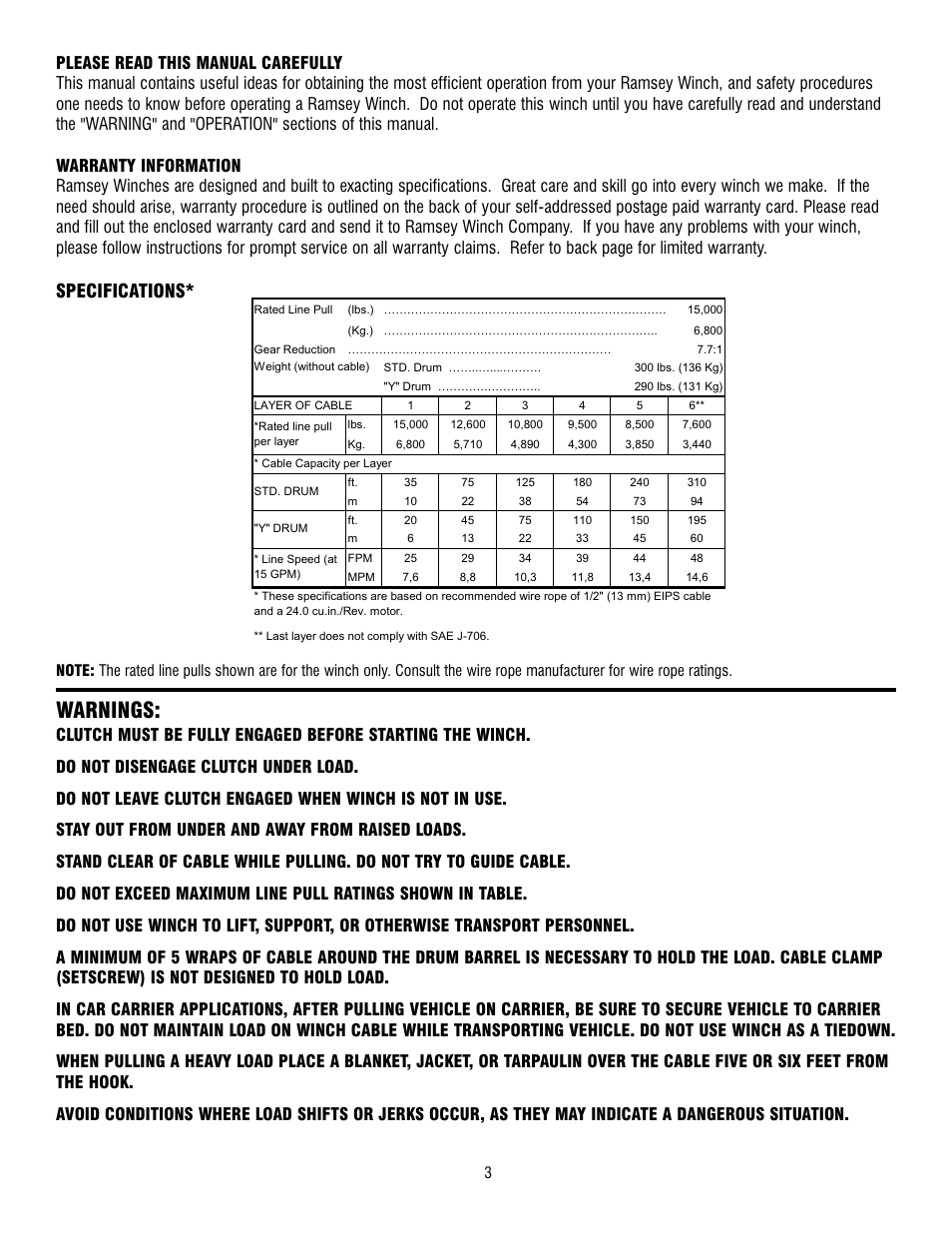 Warnings, Specifications | Ramsey Winch RPH-15000 User Manual | Page 3 / 64