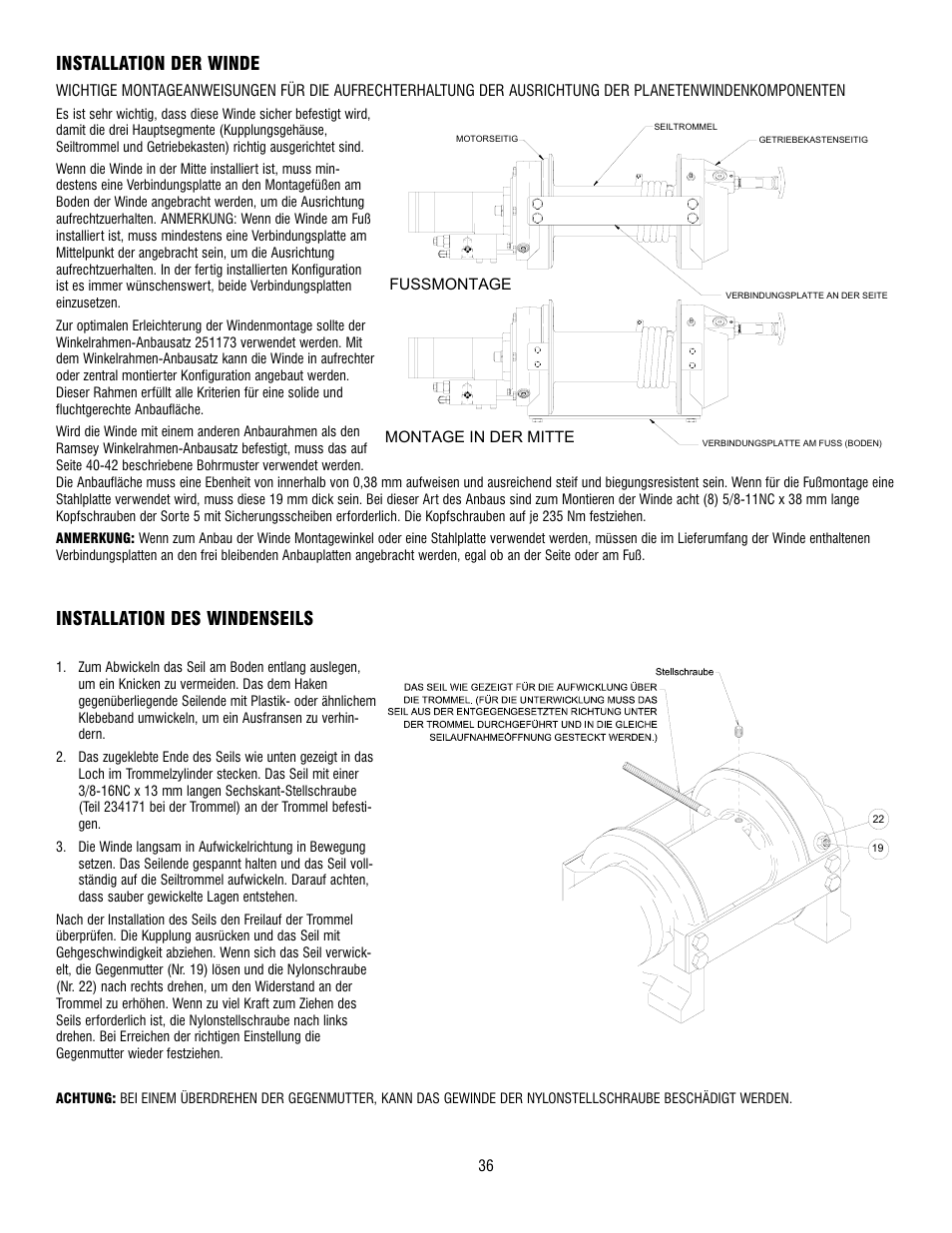 Installation der winde, Installation des windenseils | Ramsey Winch RPH-15000 User Manual | Page 36 / 64