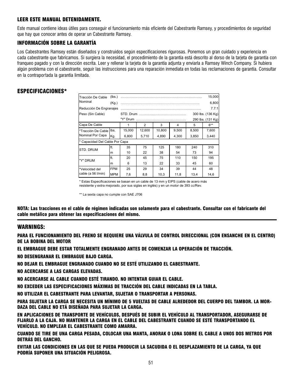 Especificaciones, Warnings, Leer este manual detenidamente | Información sobre la garantía | Ramsey Winch RPH-15000 User Manual | Page 51 / 64