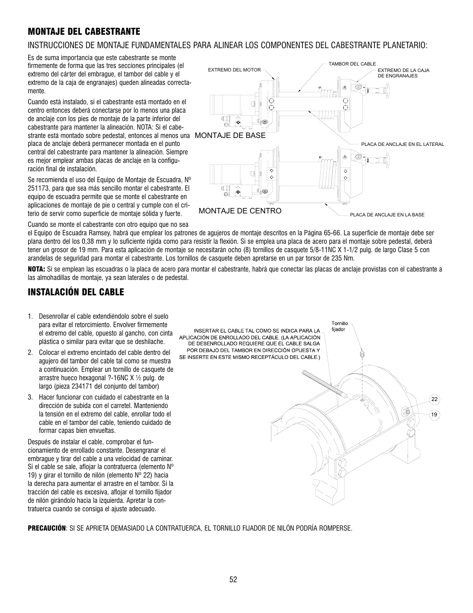 Montaje del cabestrante, Instalación del cable | Ramsey Winch RPH-15000 User Manual | Page 52 / 64