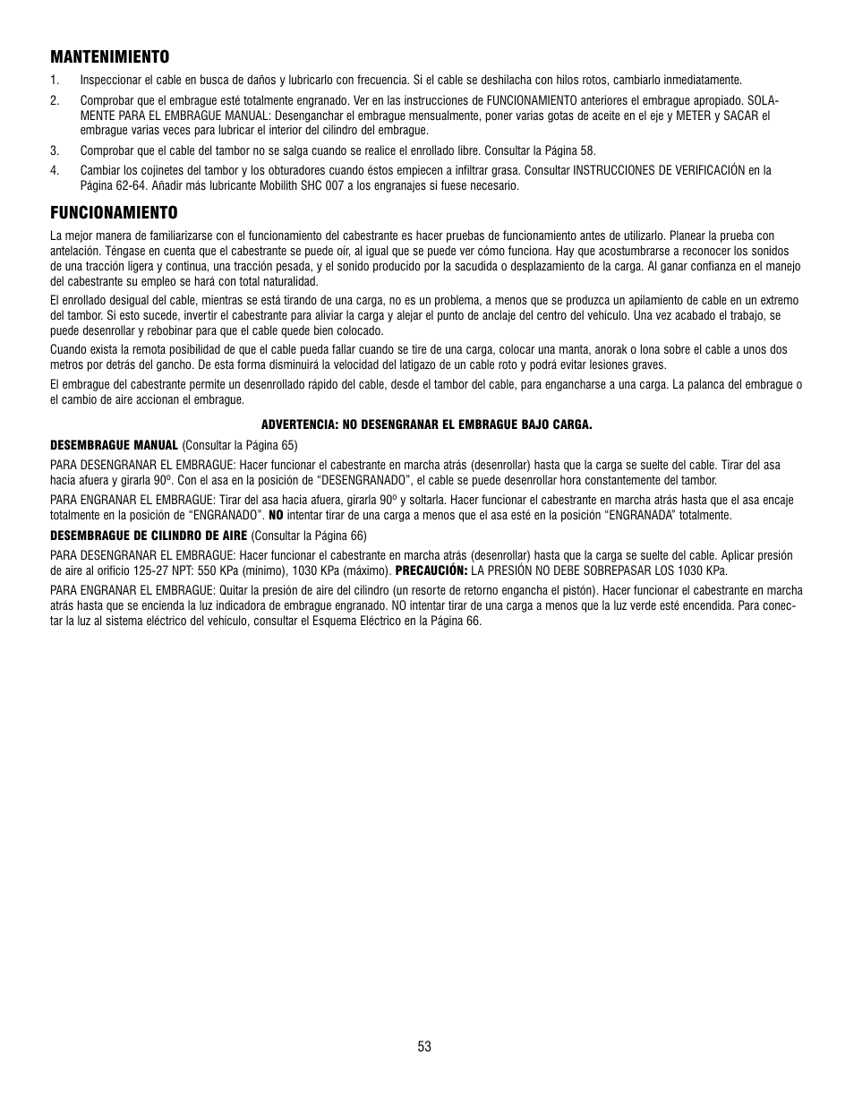 Mantenimiento, Funcionamiento | Ramsey Winch RPH-15000 User Manual | Page 53 / 64