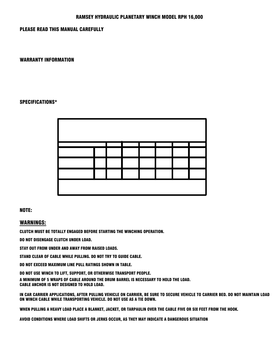 Warnings | Ramsey Winch RPH-16000 User Manual | Page 3 / 20