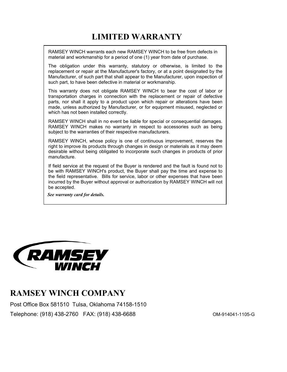 Limited warranty, Ramsey winch company | Ramsey Winch RPH-20000 (QUANTUM GBX) User Manual | Page 20 / 20