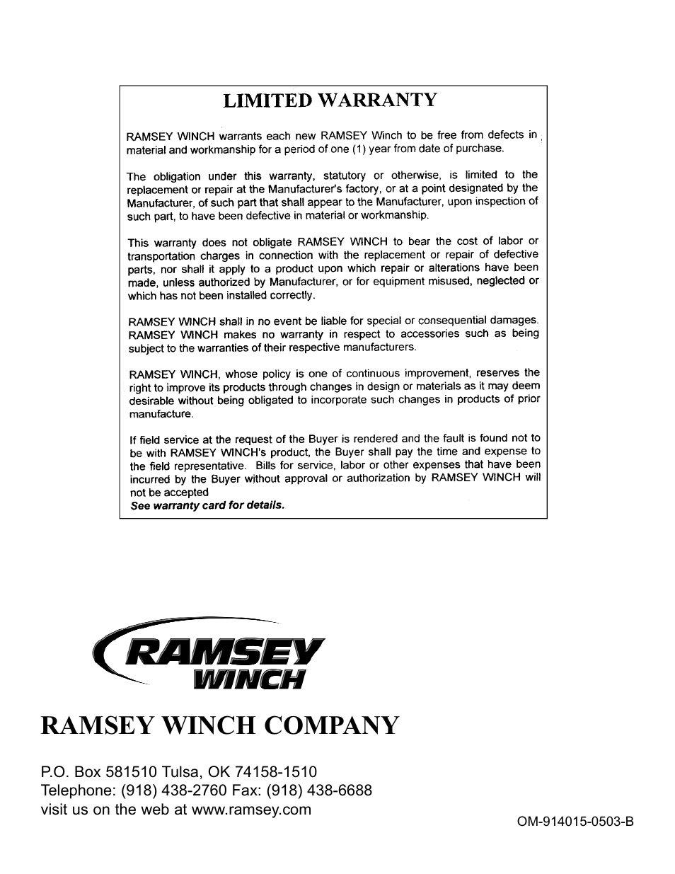 Ramsey winch company | Ramsey Winch RPH-20000 (RAMSEY GBX) User Manual | Page 20 / 20