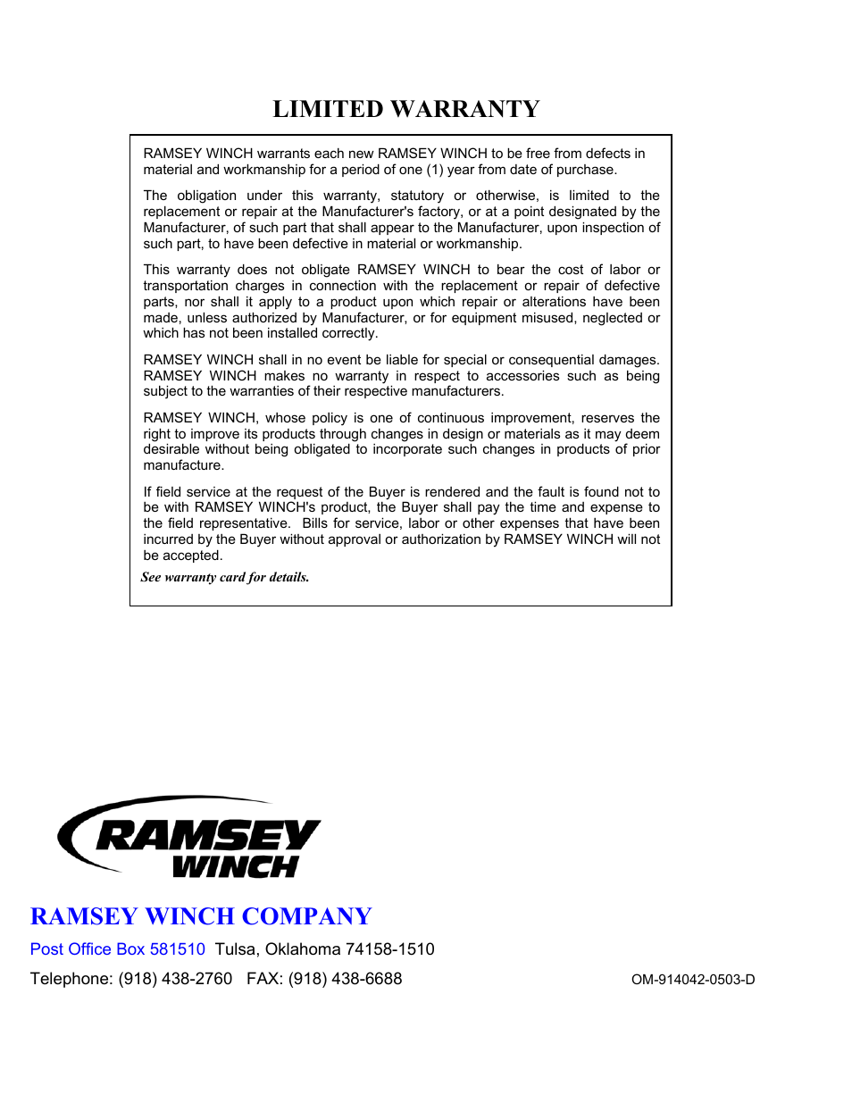 Limited warranty, Ramsey winch company | Ramsey Winch RPH-25000 QUANTUM GBX User Manual | Page 20 / 20