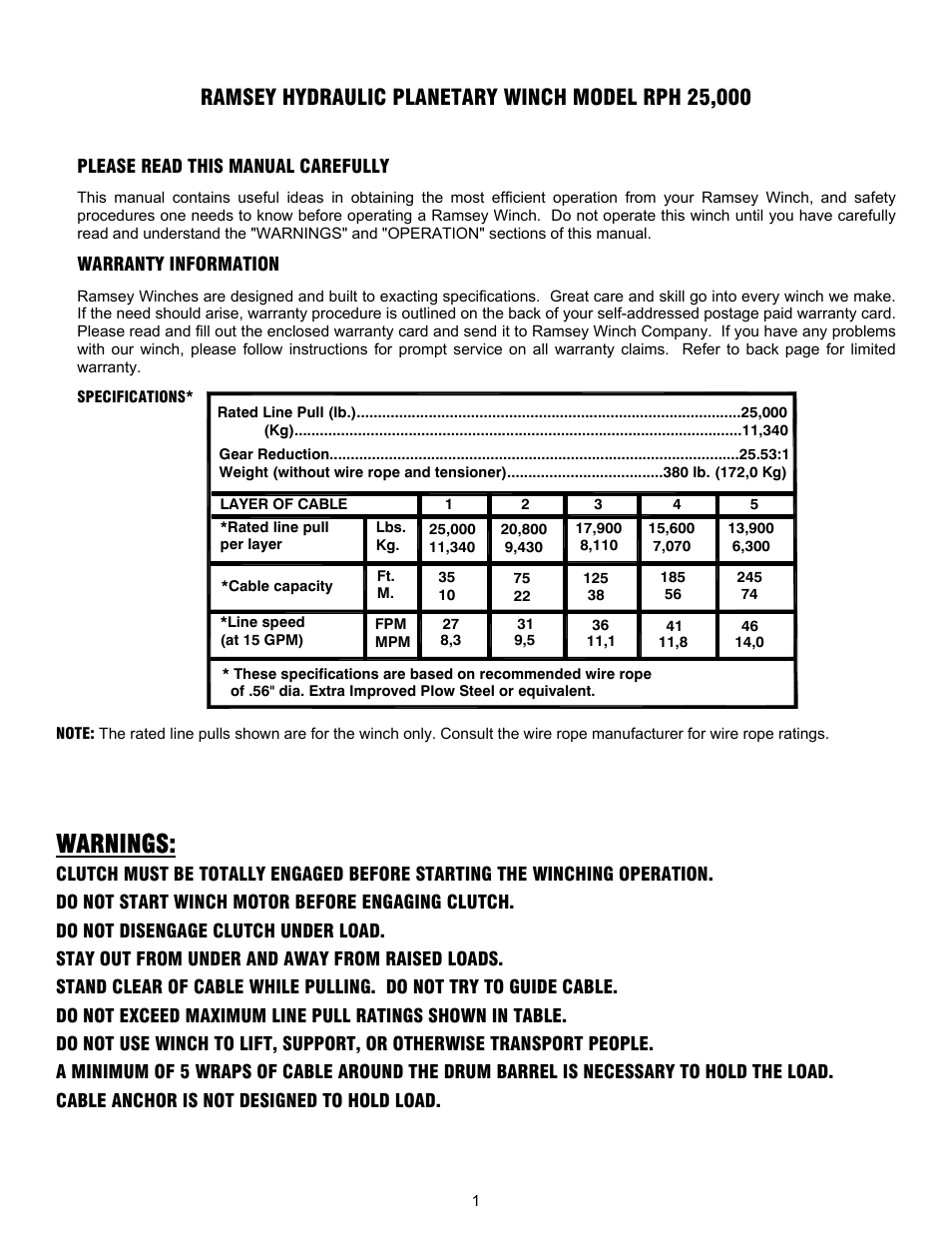 Warnings | Ramsey Winch RPH-25000 QUANTUM GBX User Manual | Page 4 / 20