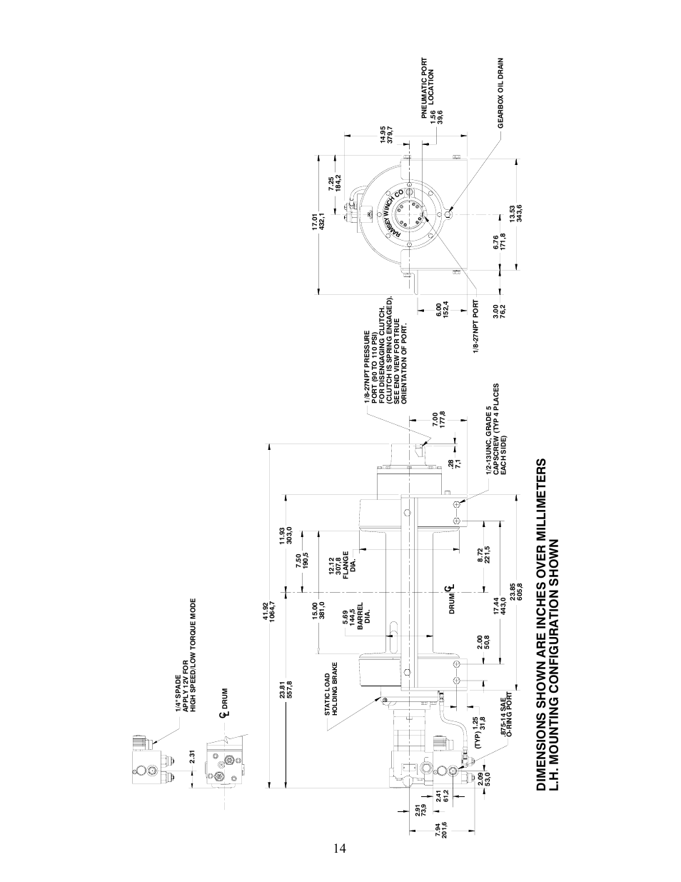 Dimensi o ns sho w n are i n ches over millimeters, L.h. mounting configuration shown | Ramsey Winch RPH-25000 QUANTUM W/2-SPD MOTOR User Manual | Page 17 / 20