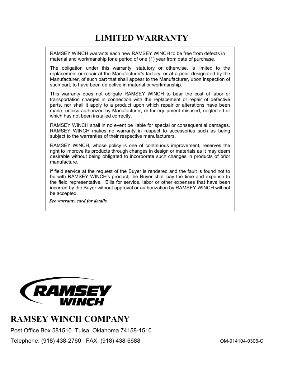 Limited warranty, Ramsey winch company | Ramsey Winch RPH-25000 QUANTUM W/2-SPD MOTOR User Manual | Page 20 / 20