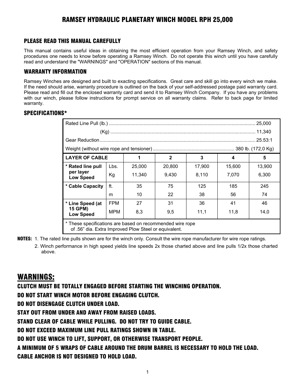 Warnings | Ramsey Winch RPH-25000 QUANTUM W/2-SPD MOTOR User Manual | Page 4 / 20