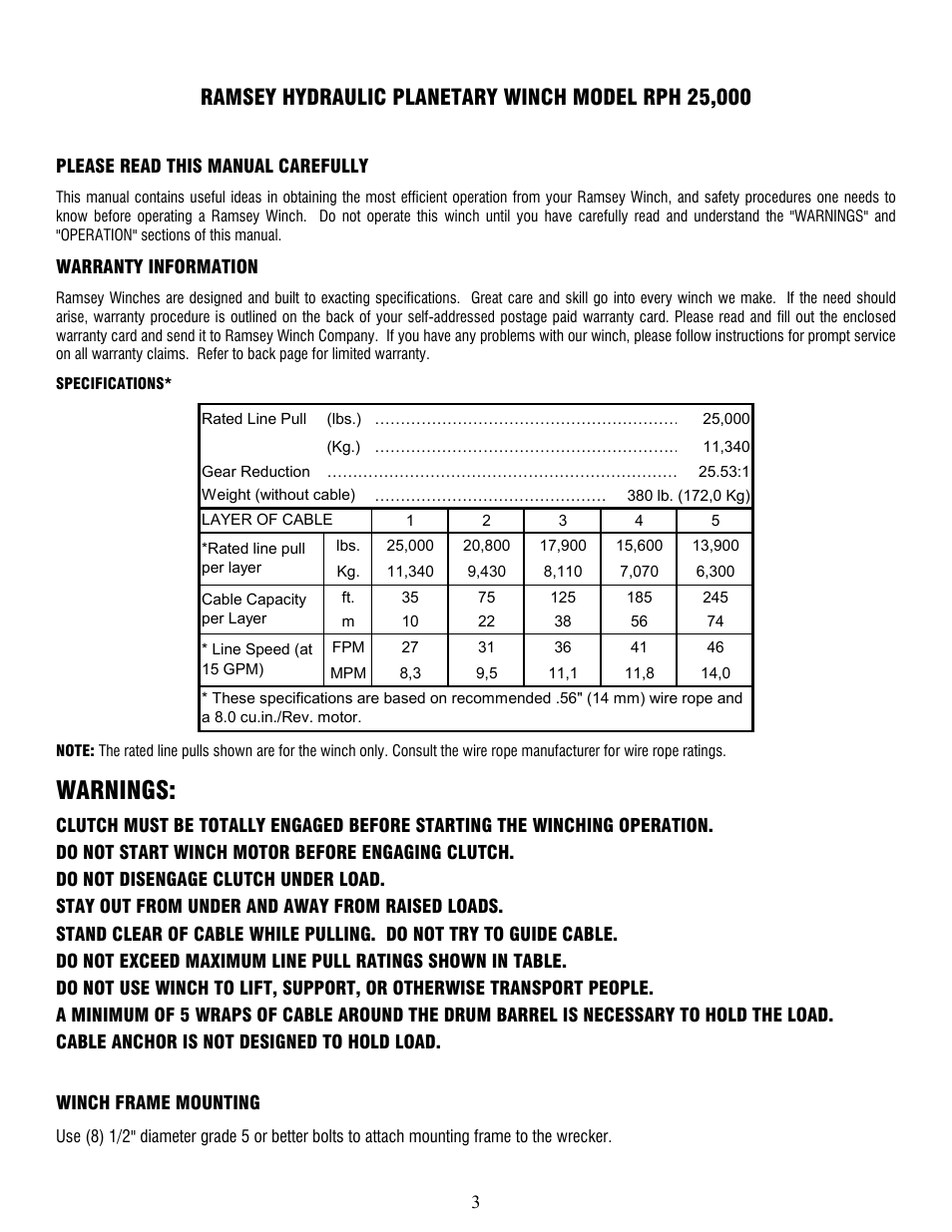 Warnings | Ramsey Winch RPH-25000 User Manual | Page 3 / 56