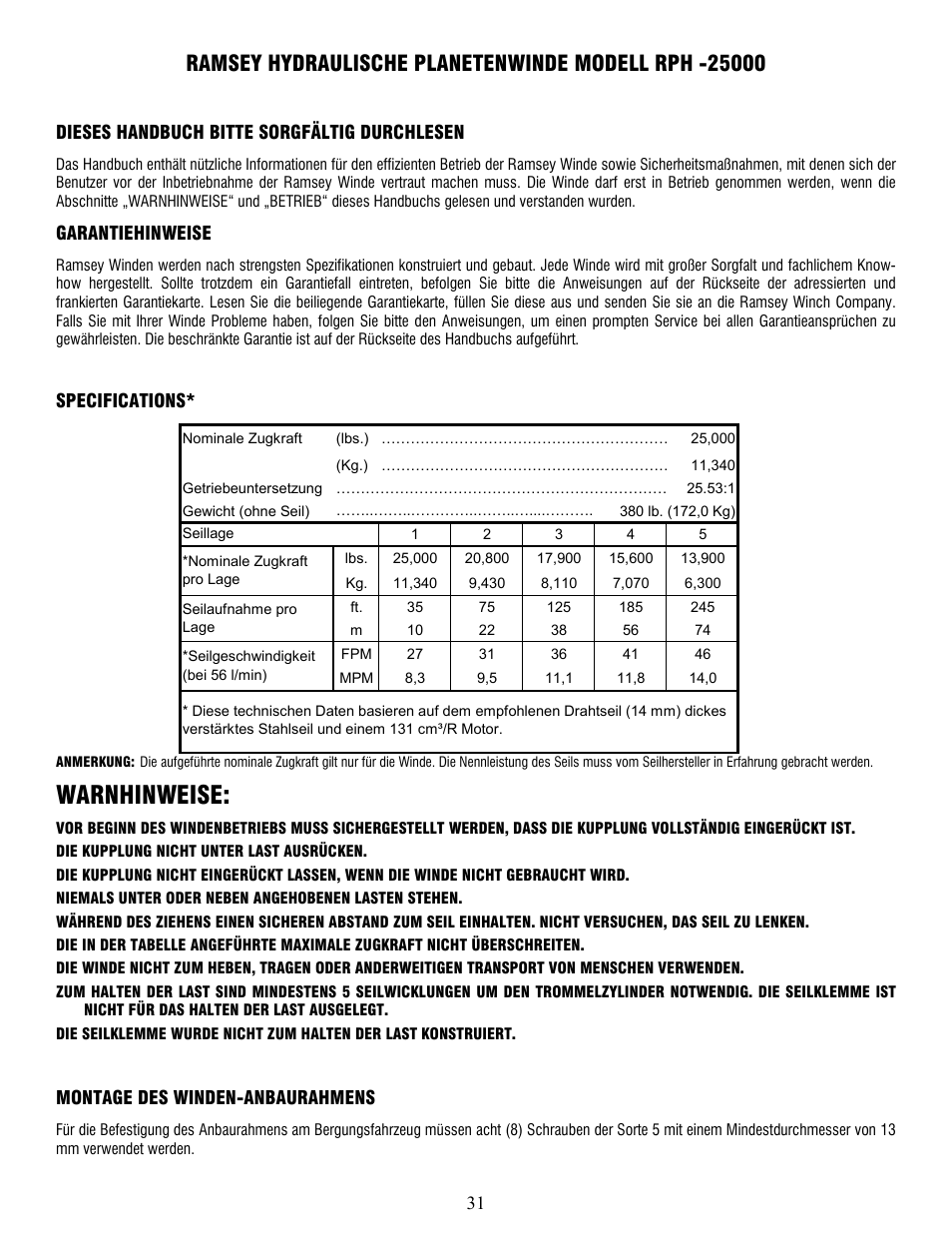 Warnhinweise | Ramsey Winch RPH-25000 User Manual | Page 31 / 56