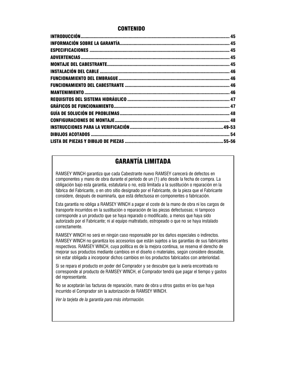 Garantía limitada | Ramsey Winch RPH-25000 User Manual | Page 44 / 56