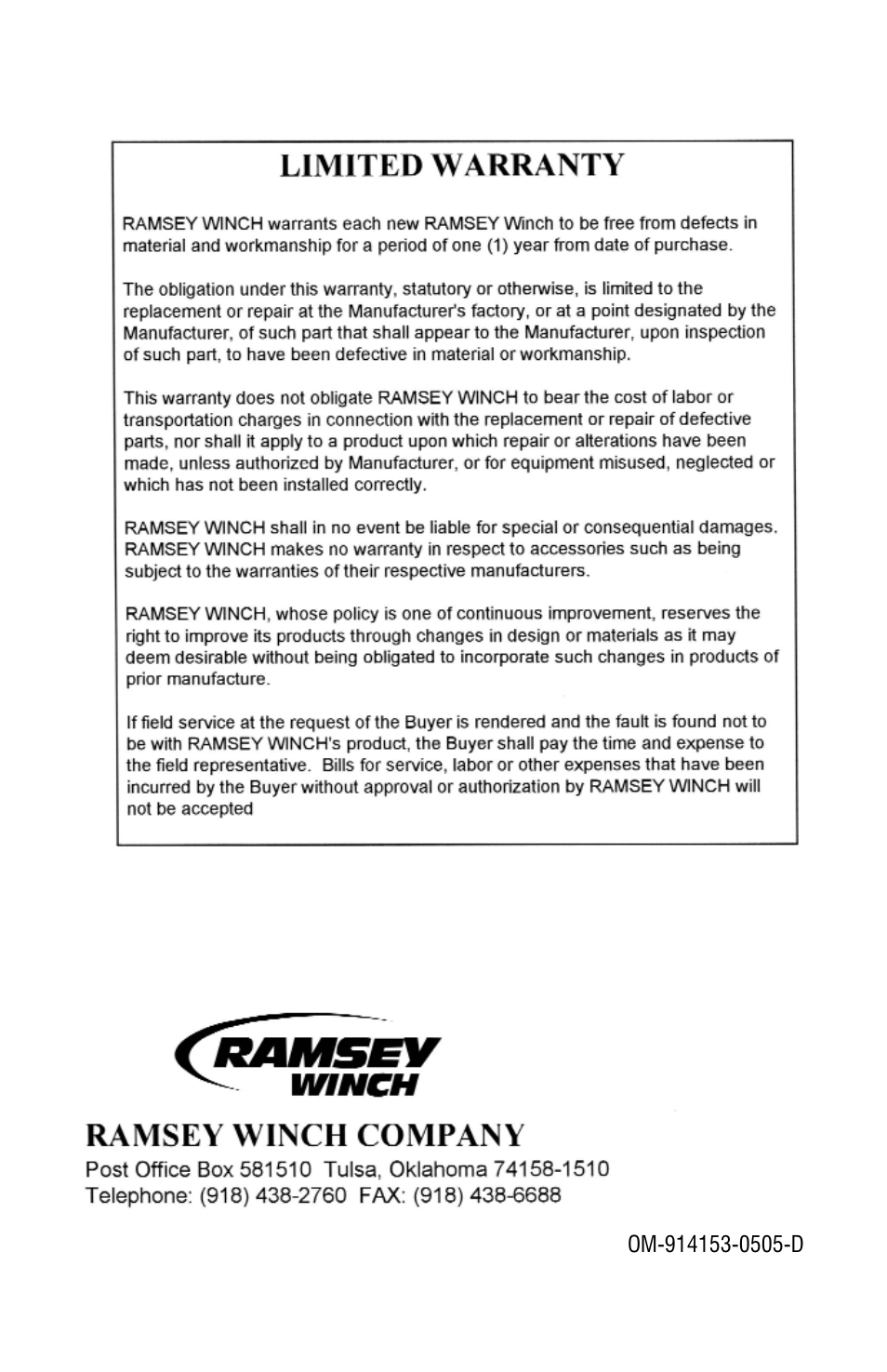 Ramsey Winch RPH-35000 User Manual | Page 20 / 20