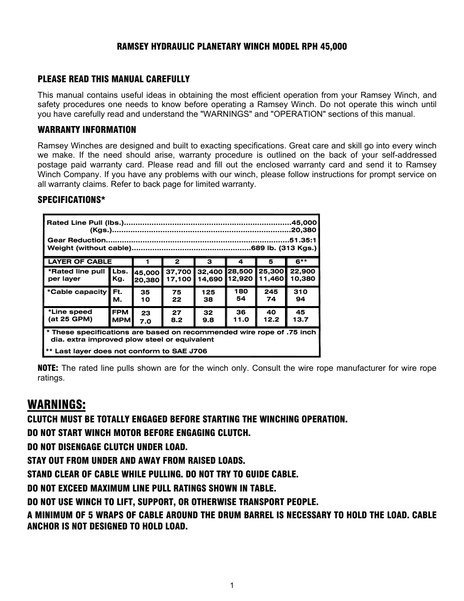 Warnings, Warranty information, Specifications | Ramsey Winch RPH-45000 (Foot Mtd.) User Manual | Page 4 / 20