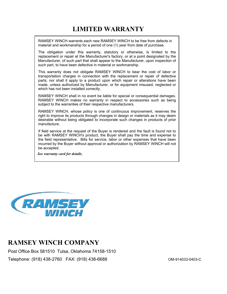 Limited warranty, Ramsey winch company | Ramsey Winch RPH-45000 (Mtg. Frame) User Manual | Page 20 / 20