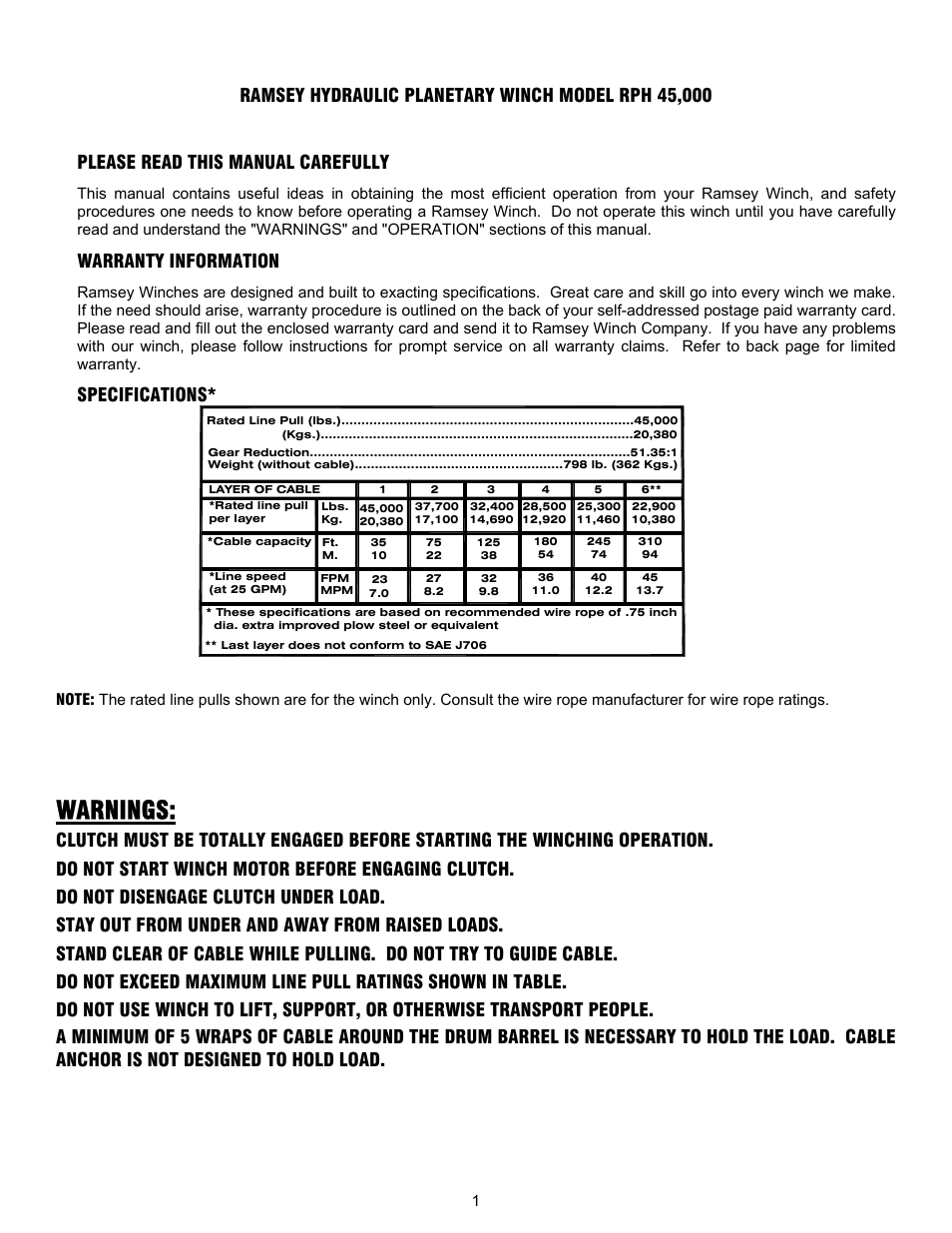 Warnings, Warranty information, Specifications | Ramsey Winch RPH-45000 (Mtg. Frame) User Manual | Page 3 / 20