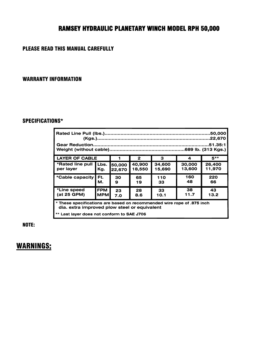 Warnings, Please read this manual carefully, Warranty information | Specifications | Ramsey Winch RPH-50000 (Foot Mtd.) User Manual | Page 4 / 20