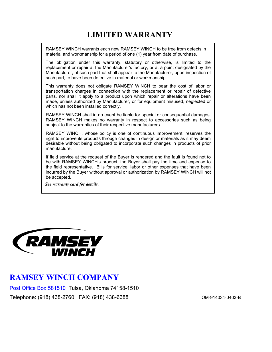 Limited warranty, Ramsey winch company | Ramsey Winch RPH-50000 (Mtg. Frame) User Manual | Page 20 / 20