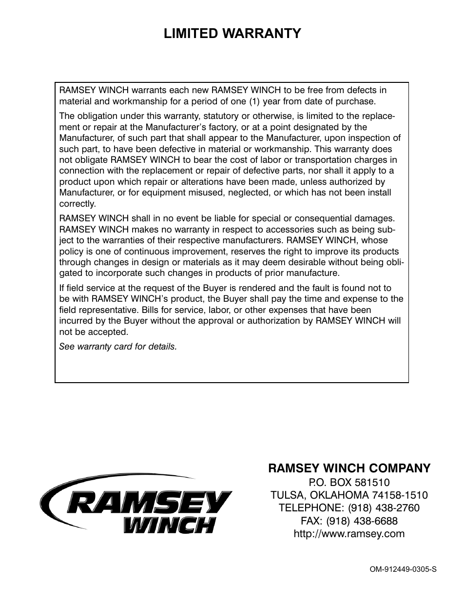 Limited warranty, Ramsey winch company | Ramsey Winch RPH-8000 User Manual | Page 28 / 28