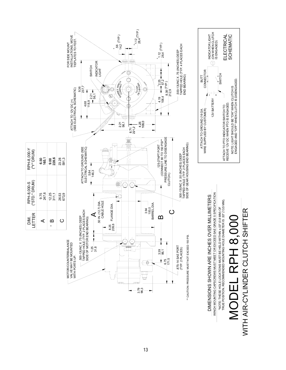 Model rph 8,000, Ab c, Wi th air-cyl inder cl utch shi fter | Elect r ic al schemat ic, Di m. letter | Ramsey Winch RPH-8000 User Manual | Page 13 / 84