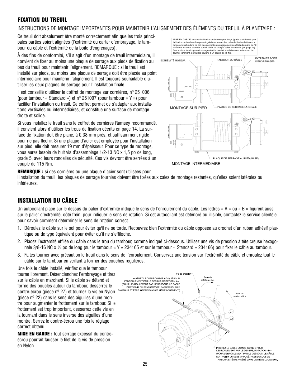 Fixation du treuil, Installation du câble | Ramsey Winch RPH-8000 User Manual | Page 25 / 84