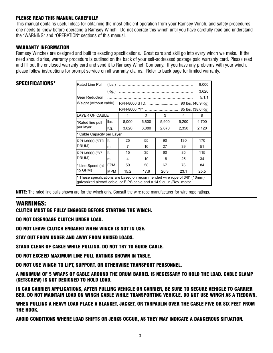 Warnings, Specifications | Ramsey Winch RPH-8000 User Manual | Page 3 / 84