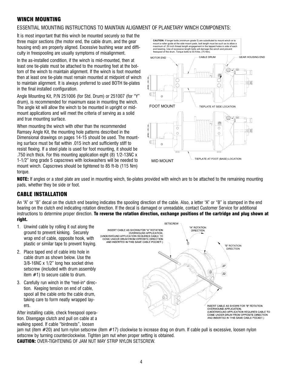 Winch mounting, Cable installation | Ramsey Winch RPH-8000 User Manual | Page 4 / 84