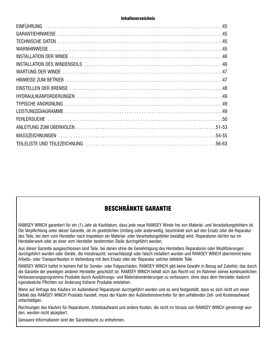 Beschränkte garantie | Ramsey Winch RPH-8000 User Manual | Page 44 / 84