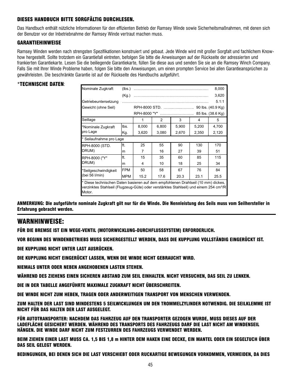 Warnhinweise, Dieses handbuch bitte sorgfältig durchlesen, Garantiehinweise | Technische daten | Ramsey Winch RPH-8000 User Manual | Page 45 / 84
