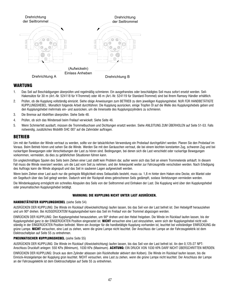 Wartung, Betrieb | Ramsey Winch RPH-8000 User Manual | Page 47 / 84