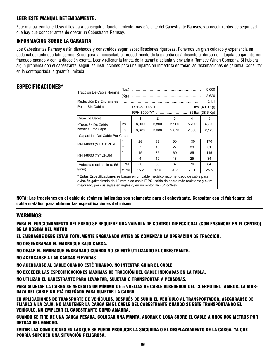 Especificaciones, Warnings, Leer este manual detenidamente | Información sobre la garantía | Ramsey Winch RPH-8000 User Manual | Page 66 / 84