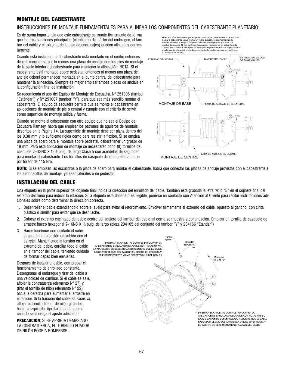 Montaje del cabestrante, Instalación del cable | Ramsey Winch RPH-8000 User Manual | Page 67 / 84