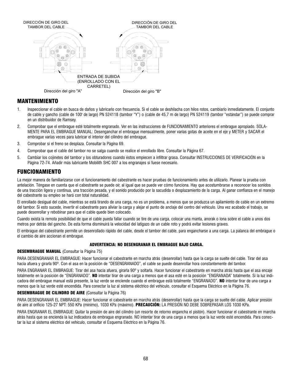 Mantenimiento, Funcionamiento | Ramsey Winch RPH-8000 User Manual | Page 68 / 84