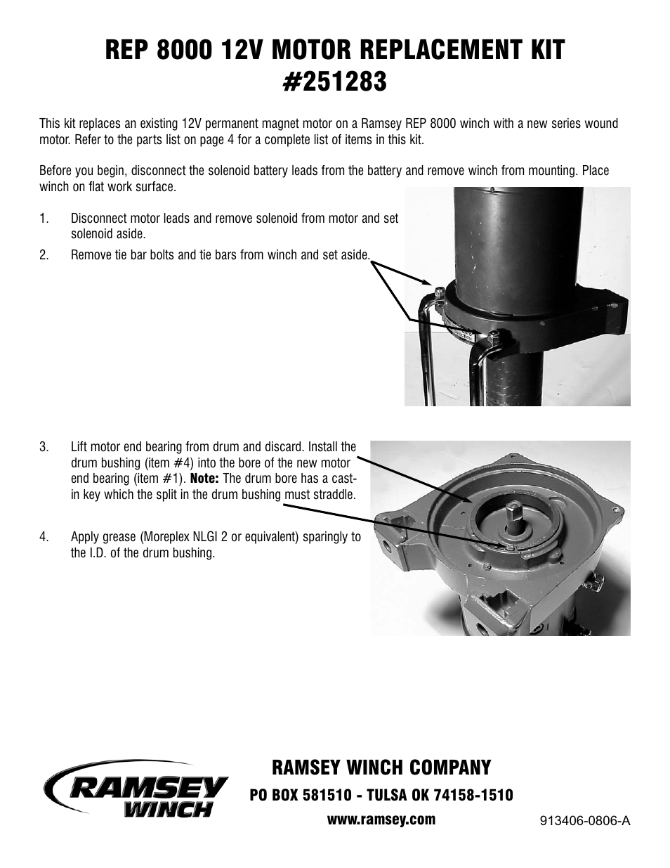 Ramsey Winch REP 8000 12V MOTOR REPLACEMENT KIT 251283 User Manual | 4 pages