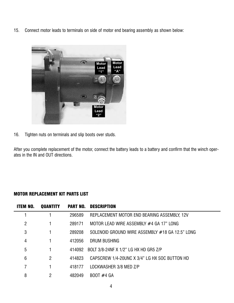 Ramsey Winch REP 8000 12V MOTOR REPLACEMENT KIT 251283 User Manual | Page 4 / 4